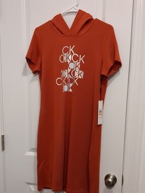 Calvin Klein Girls' Short Sleeve Hooded Dress in Rust Orange with Logo